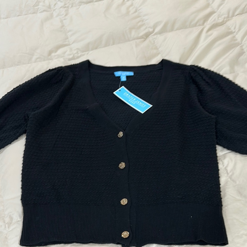 Draper James Black Button-Up Sweater gold buttons puff sleeve M NWT